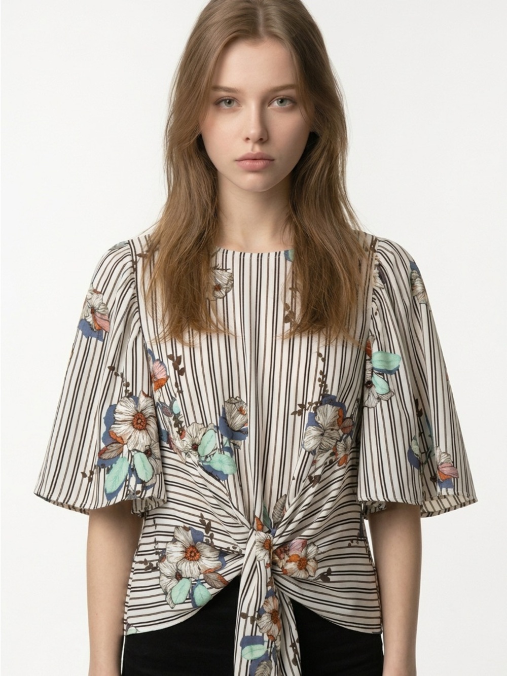 Three Hearts Striped Floral Tie-Front Top in Ivory and Black